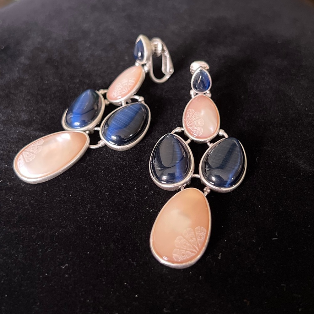 Liz Claiborne Clip-On Earrings w/ Navy Blue Stones and Mother of Pearl Accent